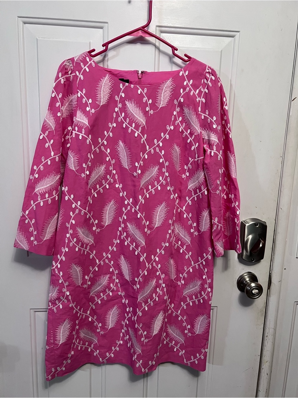 Talbots Petite 12P Pink Embroidered Shift Dress Long Sleeve Fully Lined Cotton